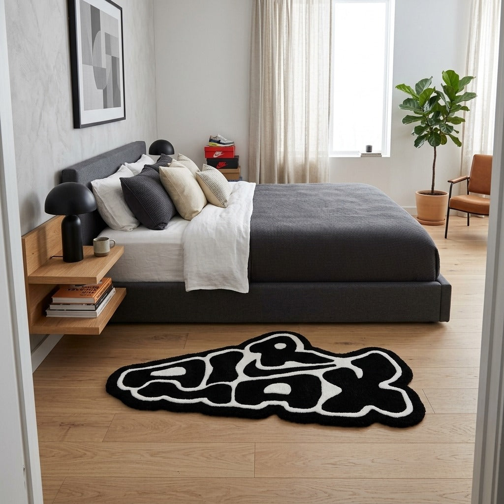 Graffiti Air Max Text Rug – Black White Streetwear Aesthetic Tufted Rug