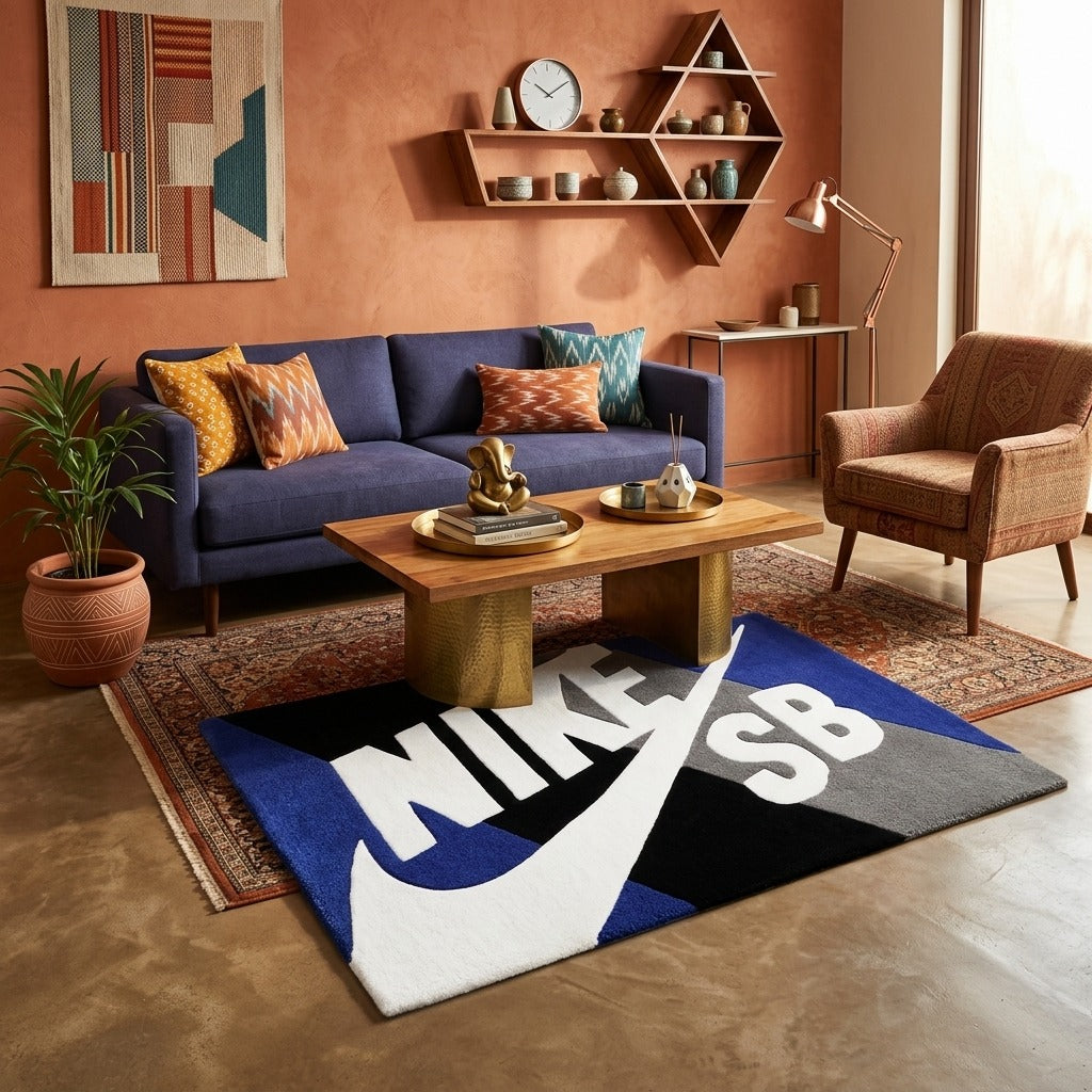 Nike SB Inspired Sneaker Rug – Blue Black Streetwear Tufted Rug
