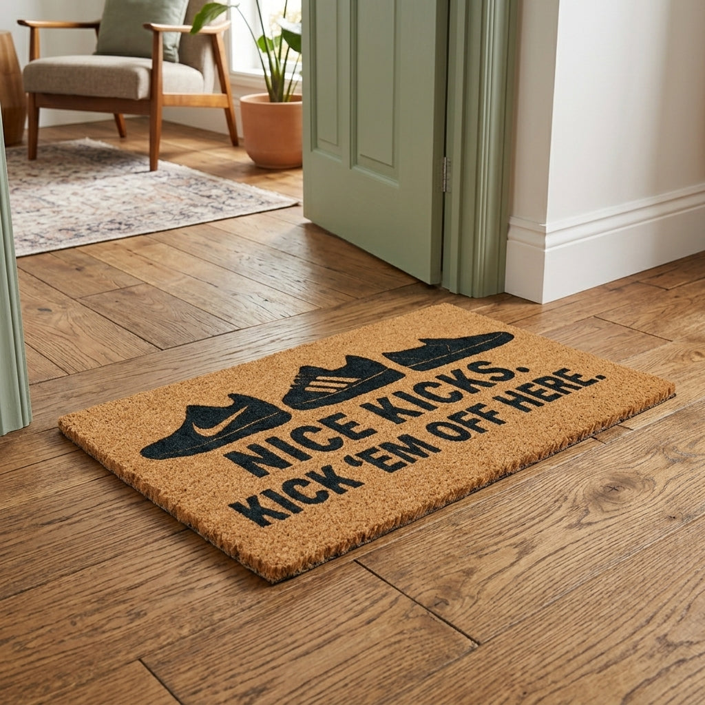 Nice Kicks Doormat – Sneakerhead Entry Rug “Kick ‘Em Off Here”