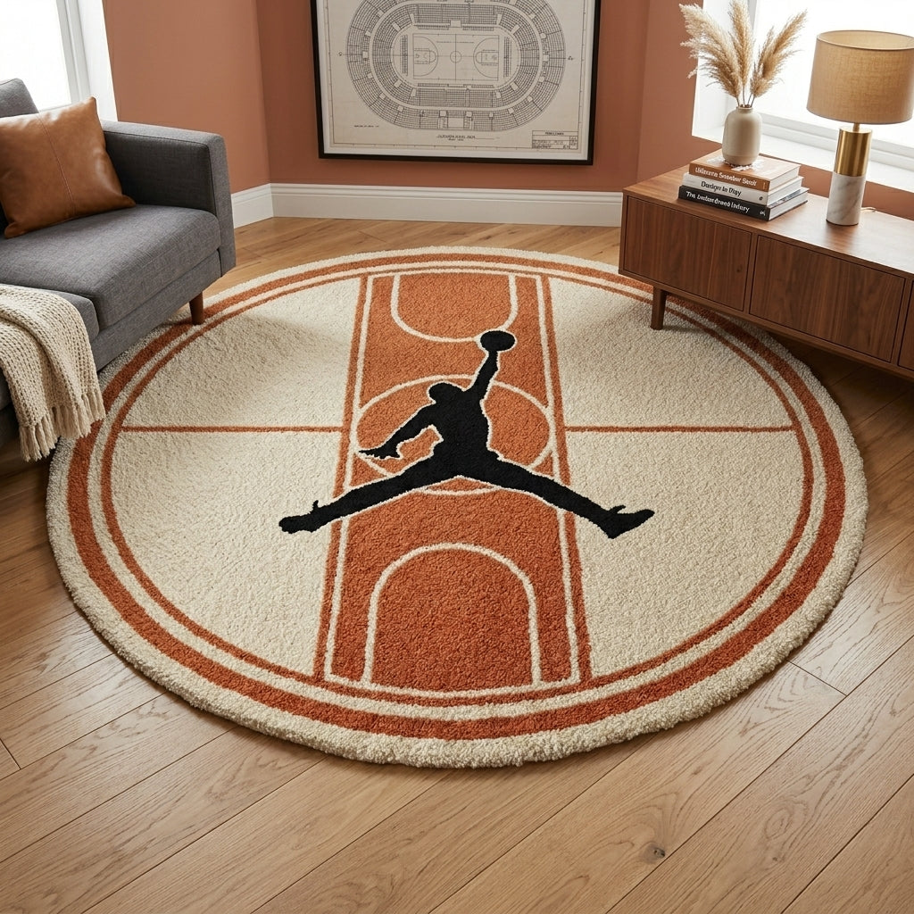 Basketball Court Inspired Round Rug – Minimal Sport Aesthetic Rug
