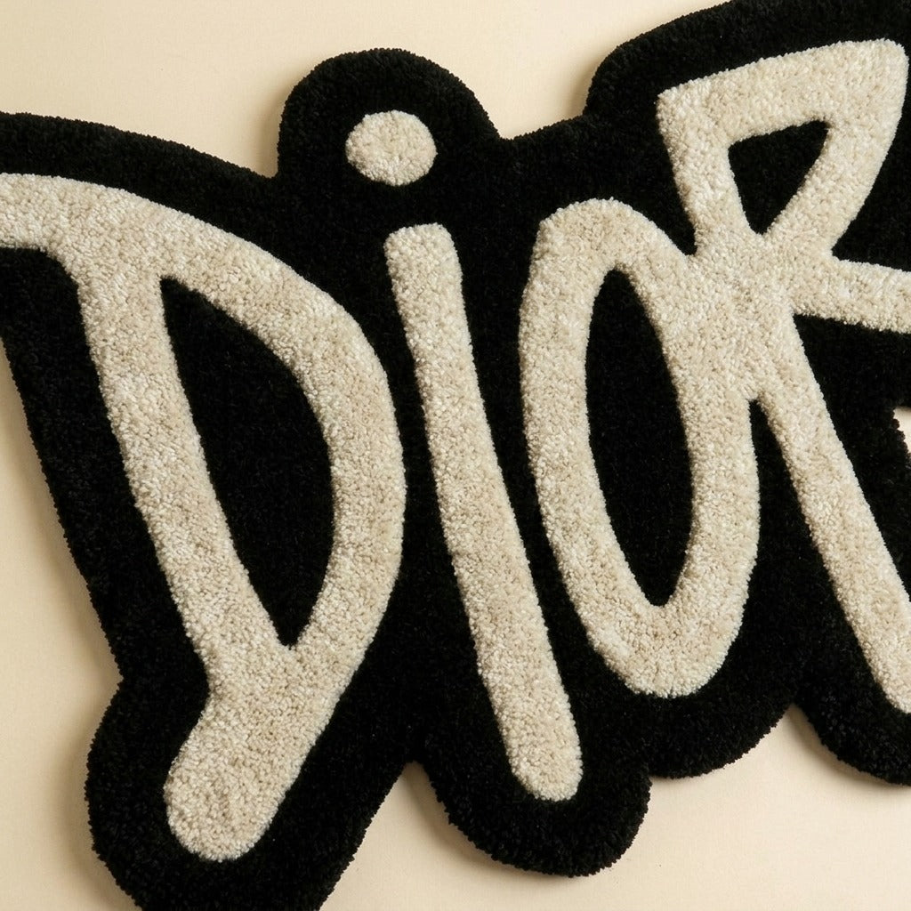 Dior Logo Aesthetic Rug – Luxury Black & White Tufted Carpet for Bedroom Decor