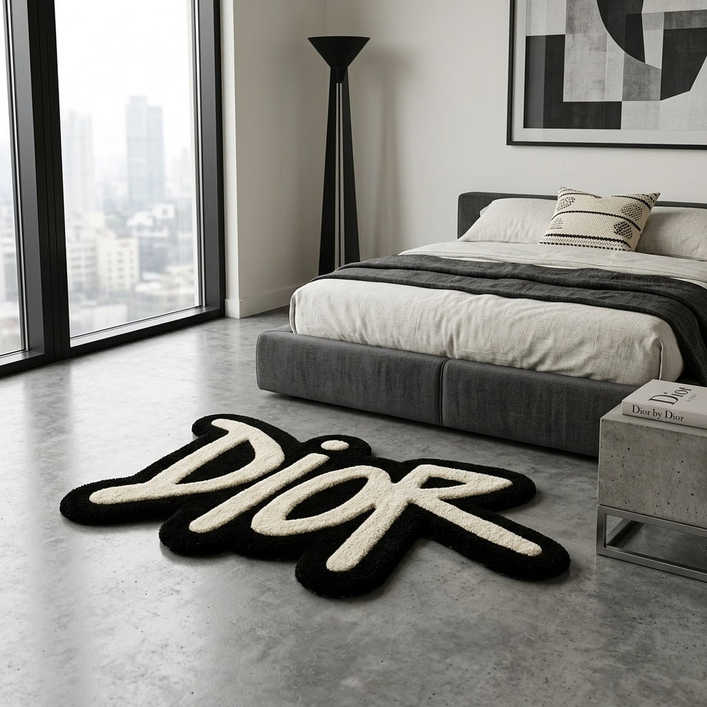 Dior Logo Aesthetic Rug – Luxury Black & White Tufted Carpet for Bedroom Decor