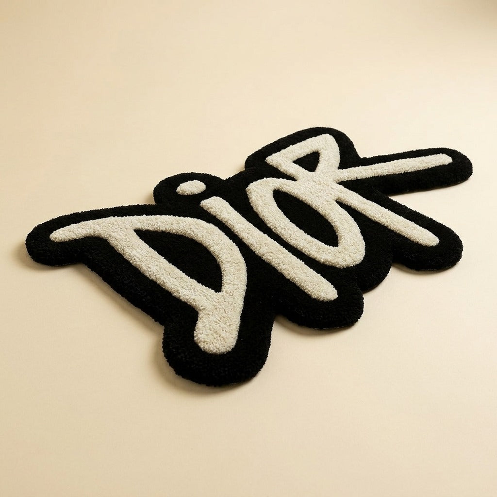 Dior Logo Aesthetic Rug – Luxury Black & White Tufted Carpet for Bedroom Decor