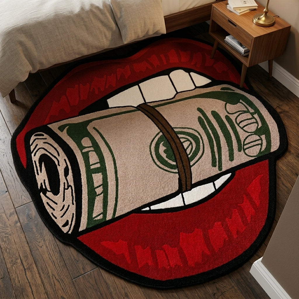 Money Mouth Novelty Shaped Rug – Bold Pop Art Lips & Cash Roll Area Rug