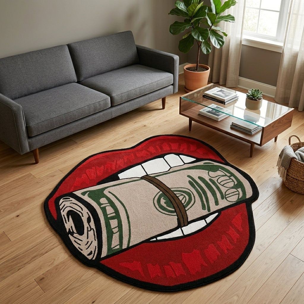 Money Mouth Novelty Shaped Rug – Bold Pop Art Lips & Cash Roll Area Rug