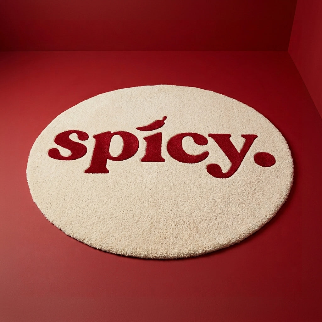 Spicy Chilli Round Tufted Rug | Cream & Red Typography Statement Rug