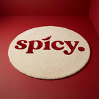Spicy Chilli Round Tufted Rug | Cream & Red Typography Statement Rug
