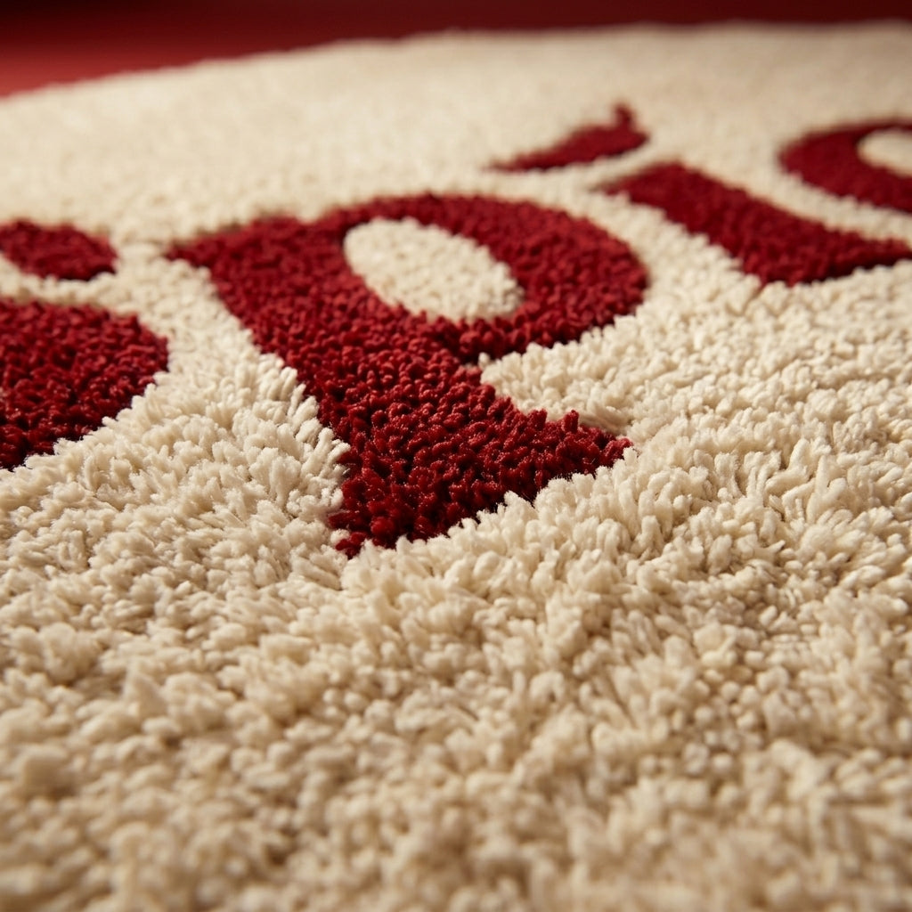 Spicy Chilli Round Tufted Rug | Cream & Red Typography Statement Rug