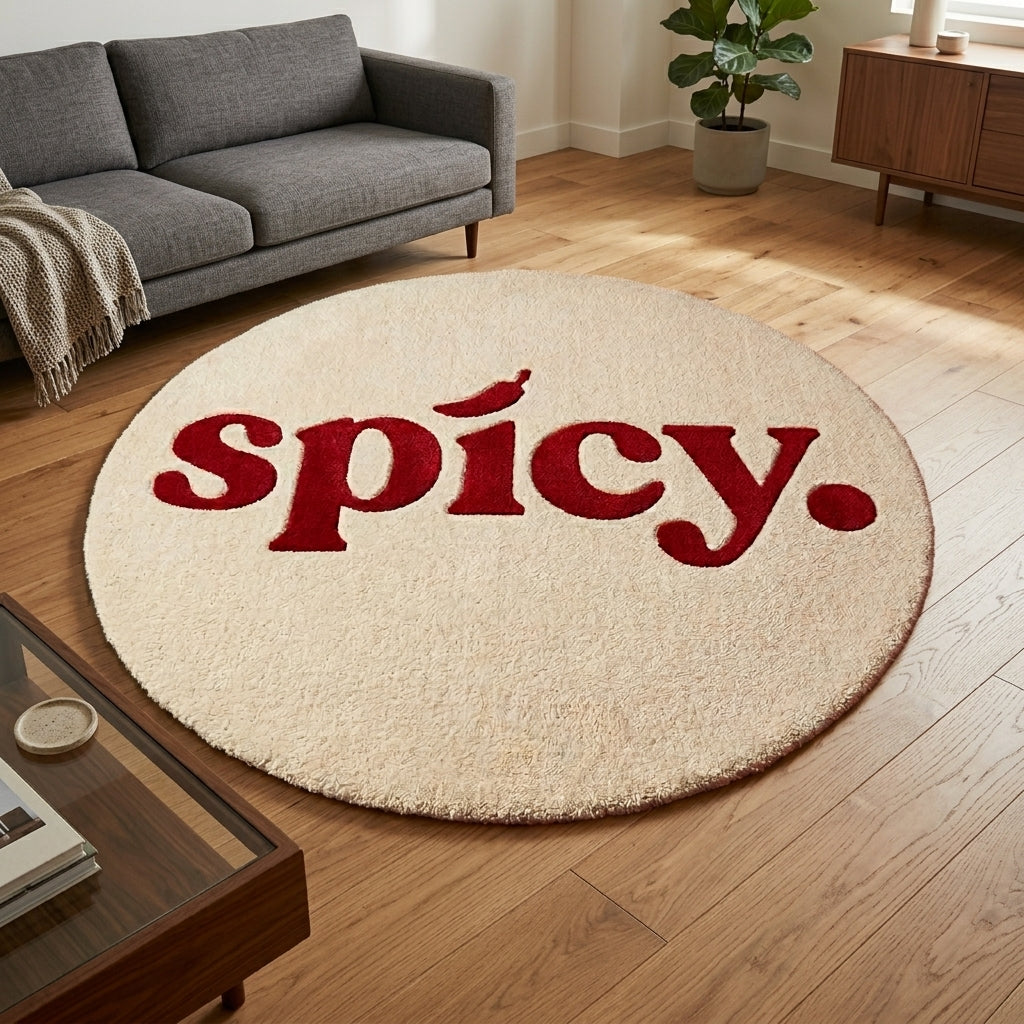 Spicy Chilli Round Tufted Rug | Cream & Red Typography Statement Rug