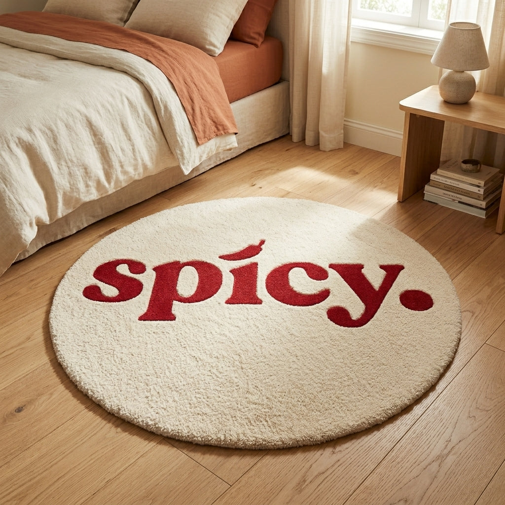 Spicy Chilli Round Tufted Rug | Cream & Red Typography Statement Rug