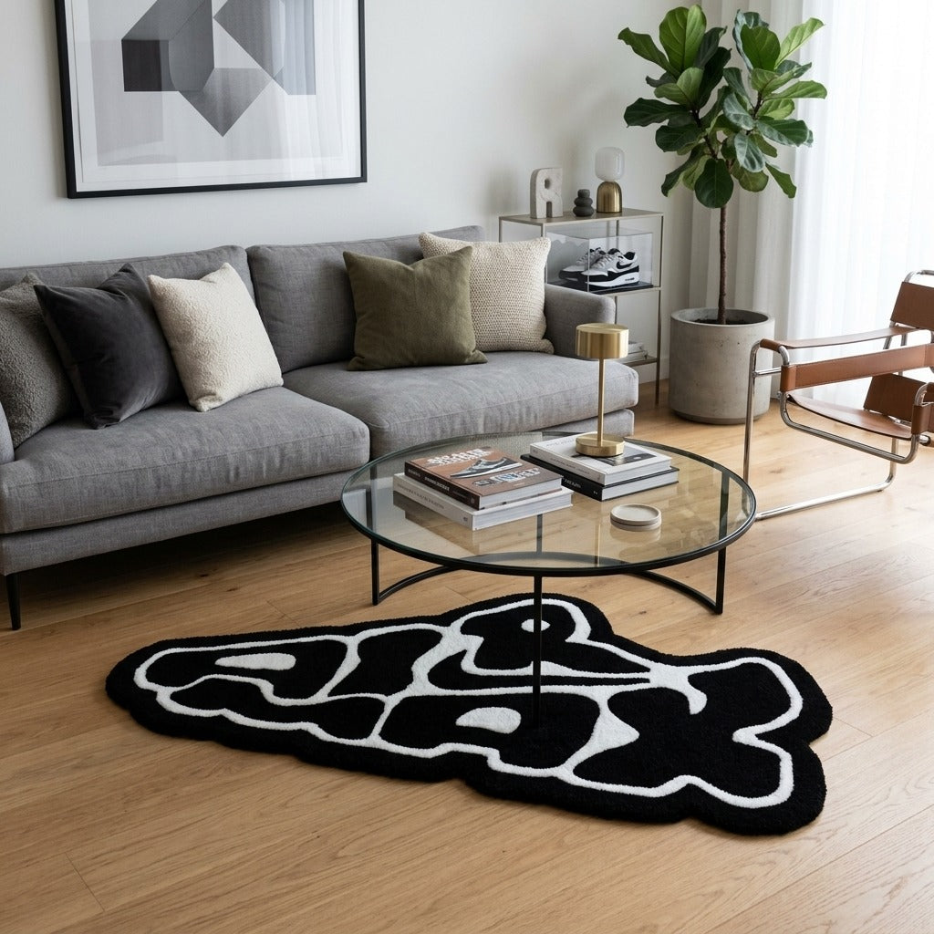 Graffiti Air Max Text Rug – Black White Streetwear Aesthetic Tufted Rug