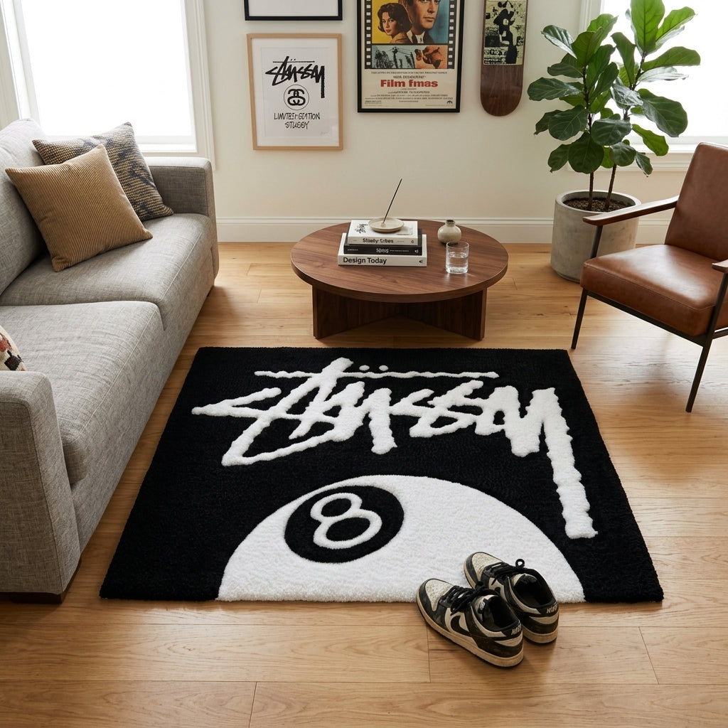 8 Ball Black White Aesthetic Rug