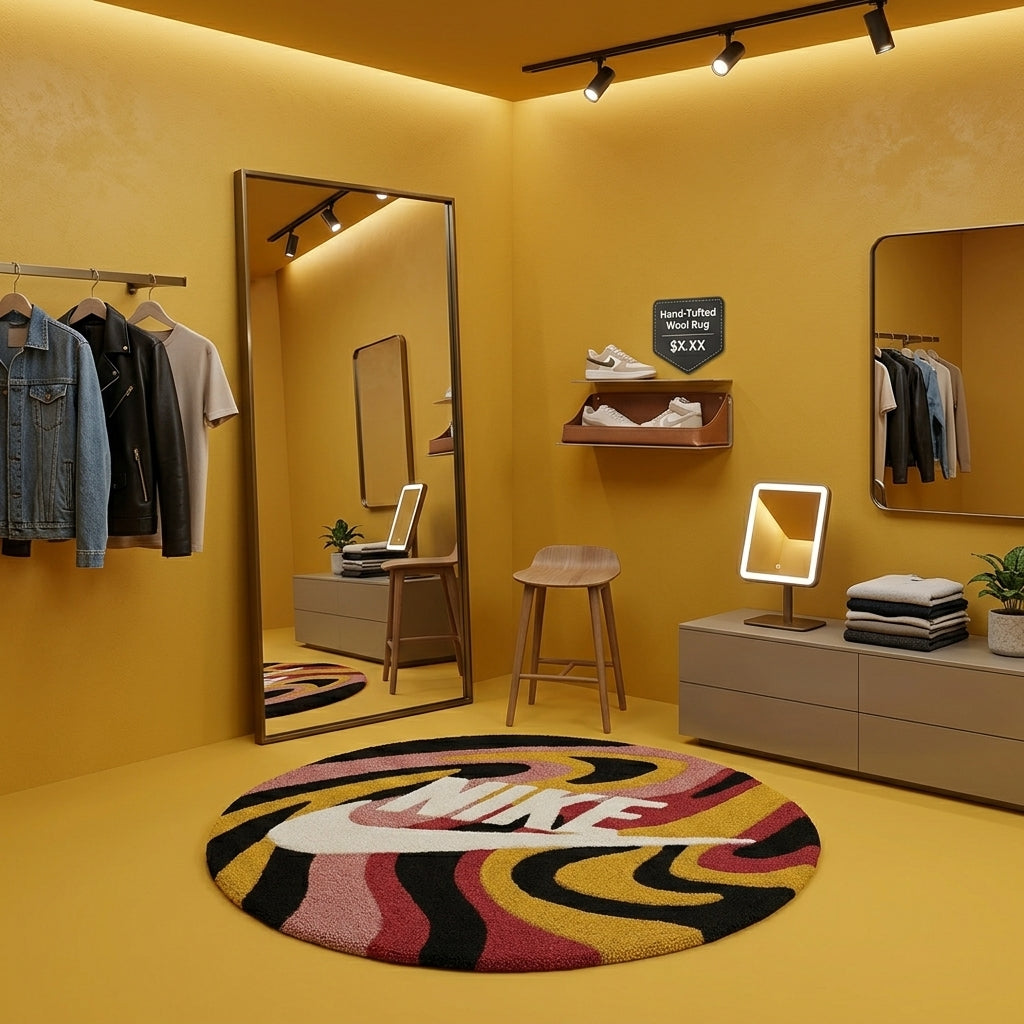 Nike Inspired Swirl Rug – Abstract Pink Yellow Wave Streetwear Carpet