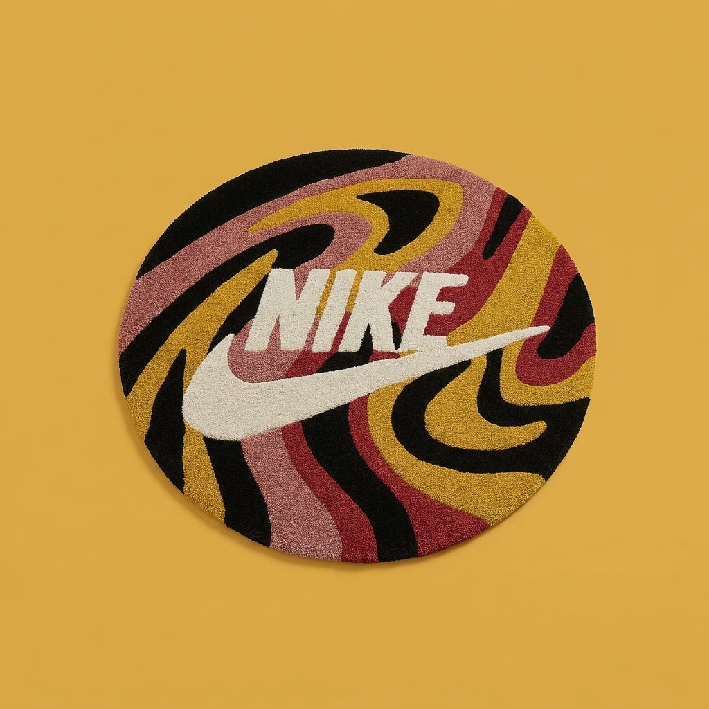 Nike Inspired Swirl Rug – Abstract Pink Yellow Wave Streetwear Carpet