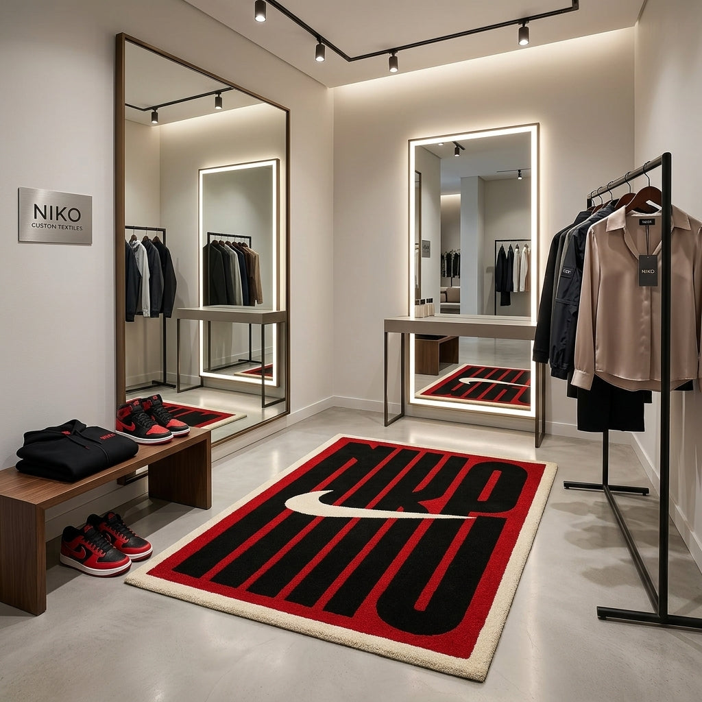 Nike Inspired Bold Logo Rug – Red Black Streetwear Tufted Rug