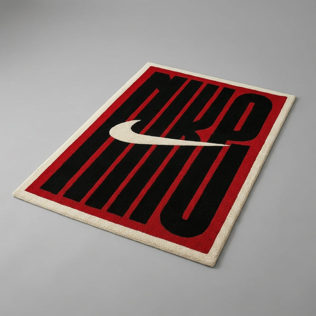 Nike Inspired Bold Logo Rug – Red Black Streetwear Tufted Rug