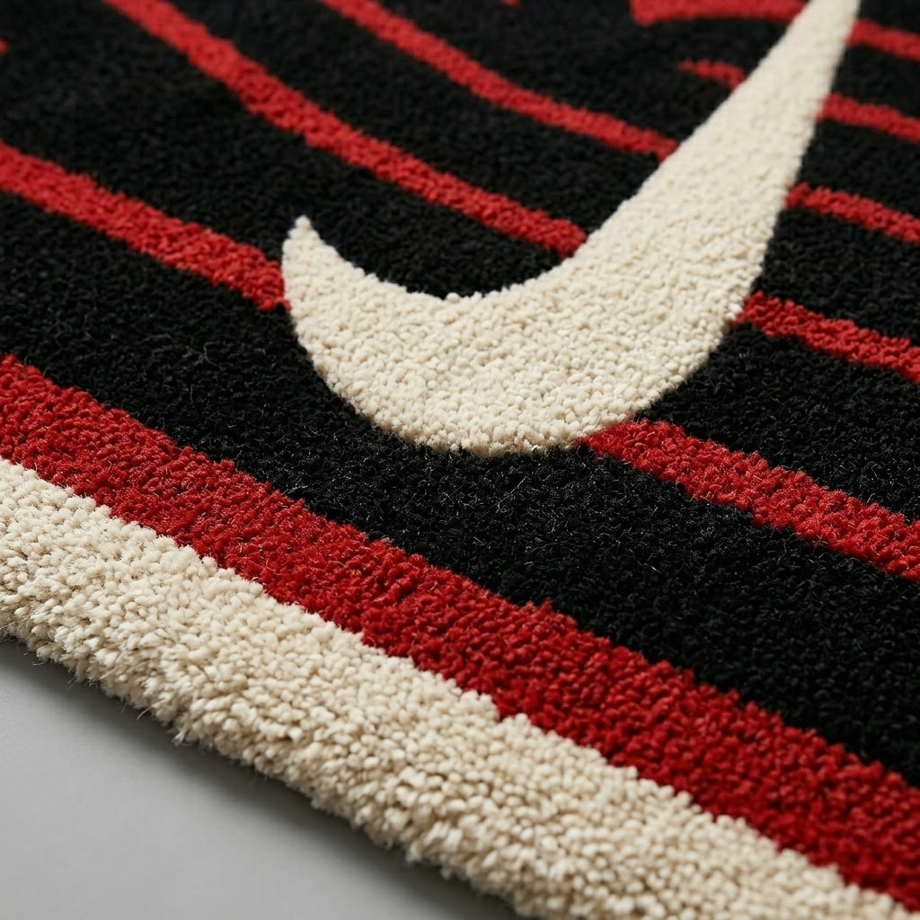 Nike Inspired Bold Logo Rug – Red Black Streetwear Tufted Rug
