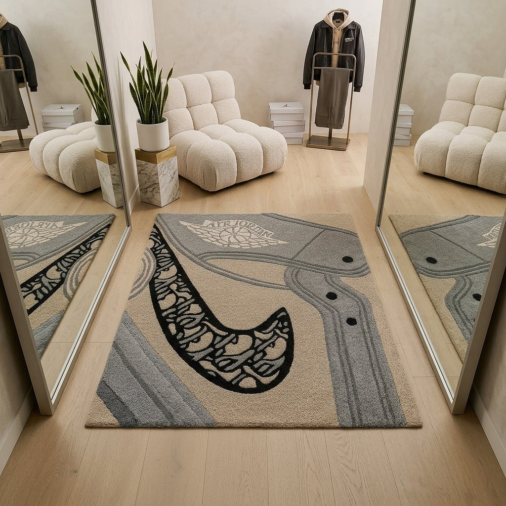 Nike Inspired Dior Style Sneaker Rug – Grey Minimal Aesthetic Tufted Rug