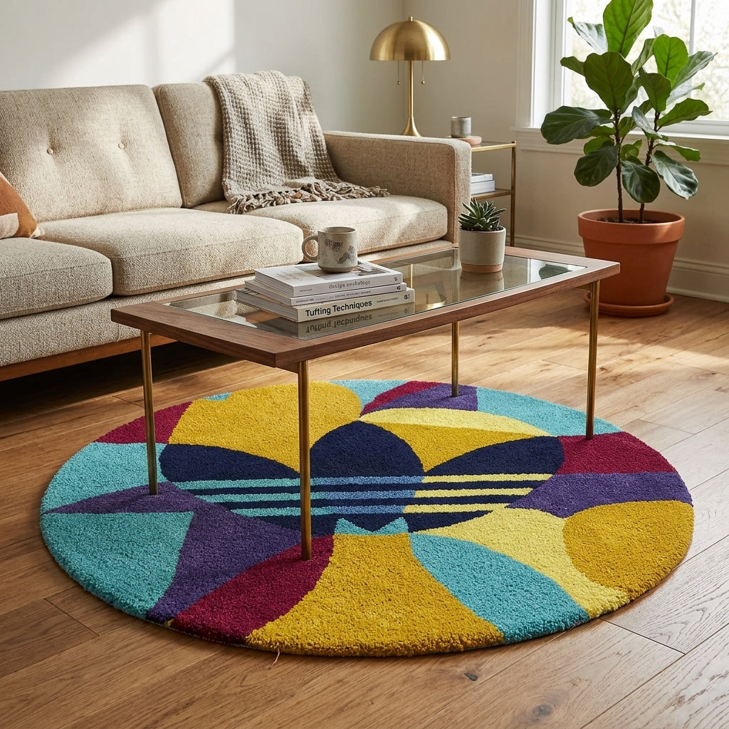 Adidas Inspired Abstract Trefoil Rug – Colorful Geometric Round Tufted Rug