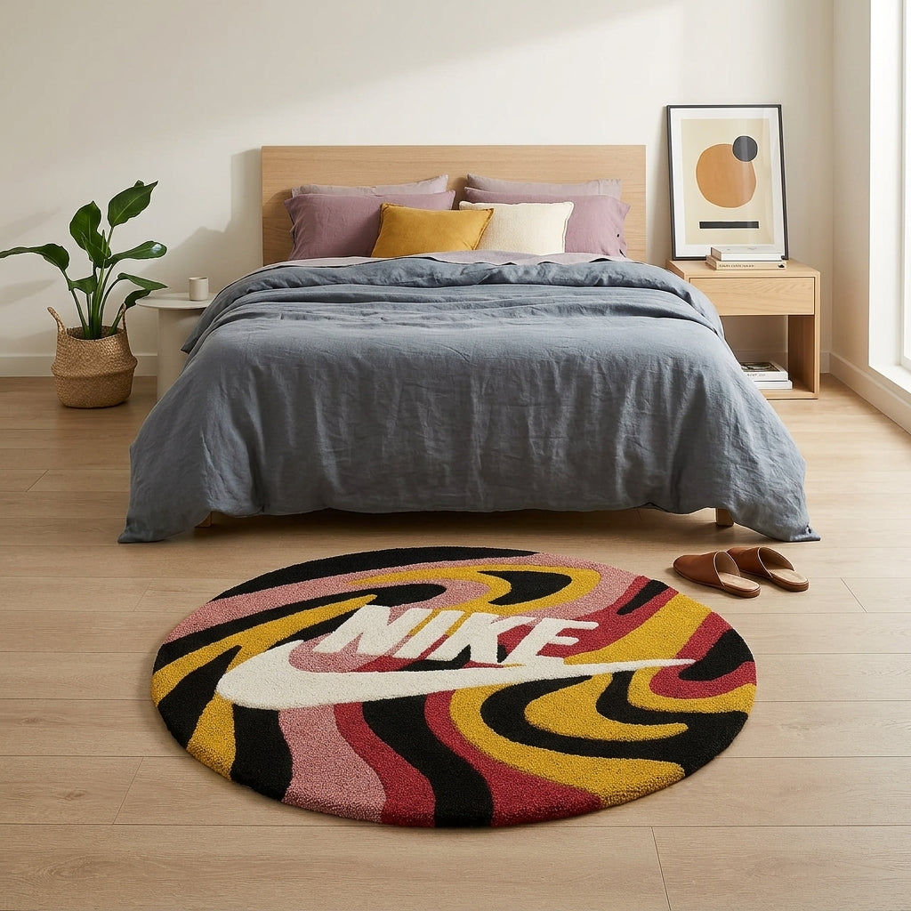 Nike Inspired Swirl Rug – Abstract Pink Yellow Wave Streetwear Carpet