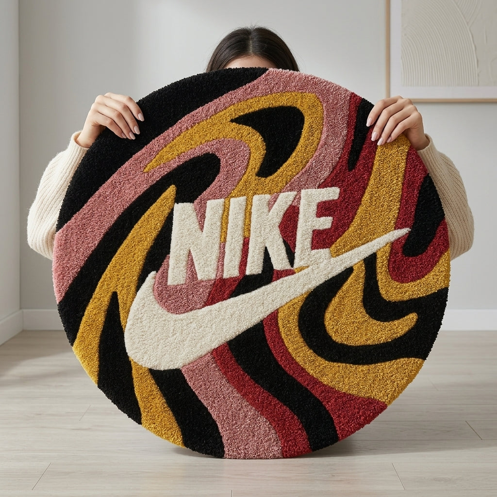 Nike Inspired Swirl Rug – Abstract Pink Yellow Wave Streetwear Carpet