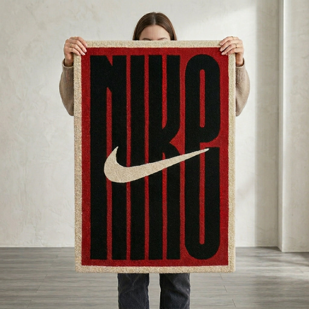Nike Inspired Bold Logo Rug – Red Black Streetwear Tufted Rug