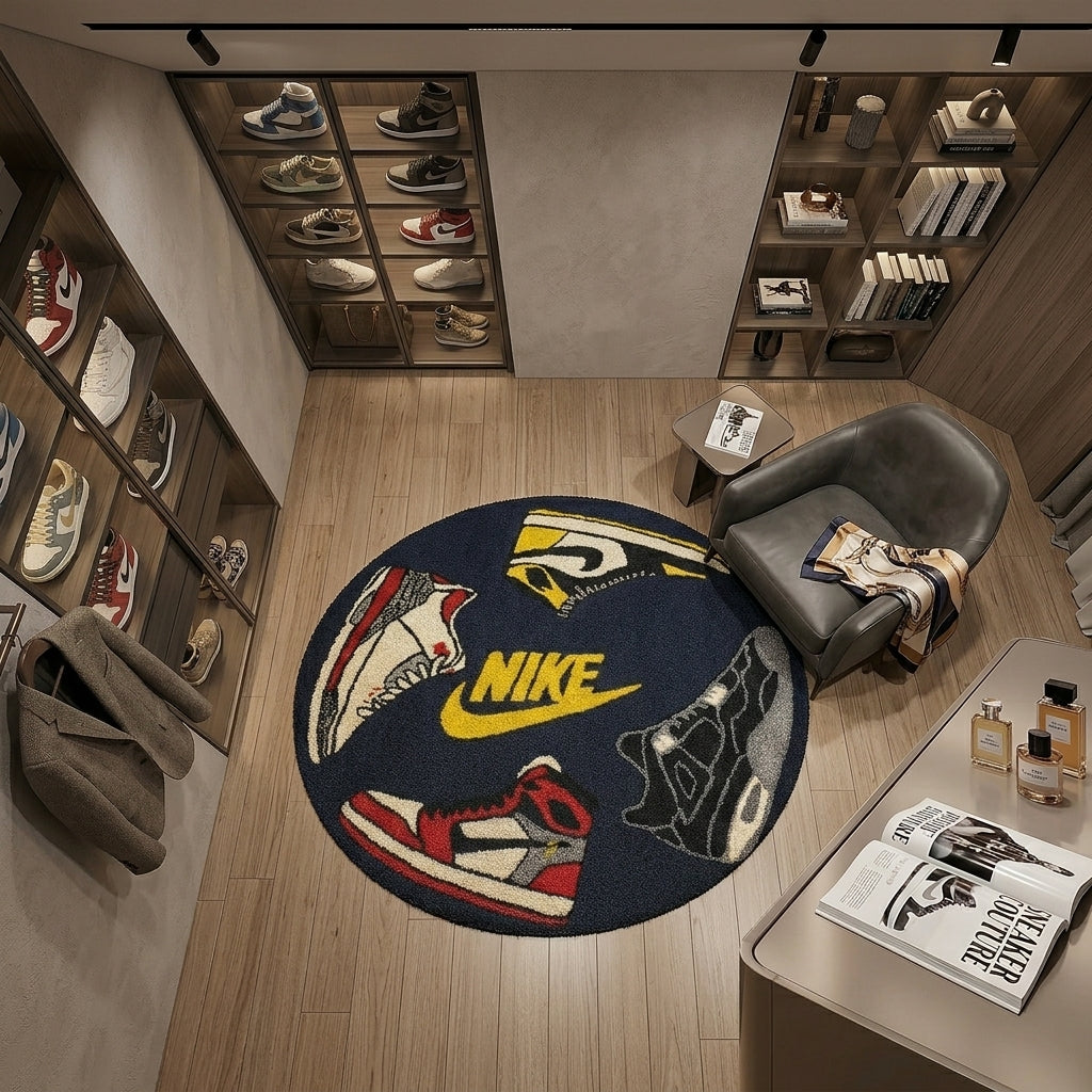 Nike Inspired Sneaker Collage Rug – Streetwear Round Hype Tufted Rug