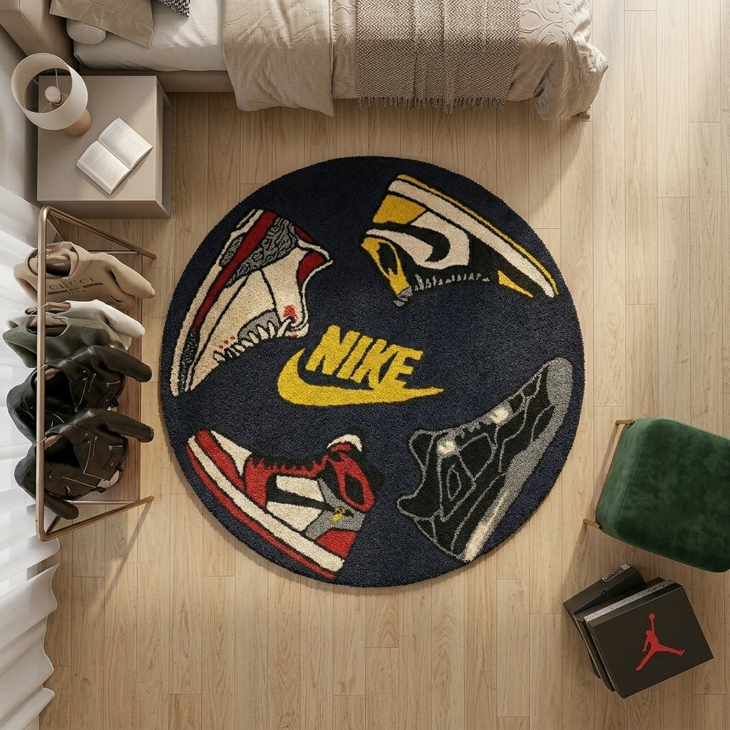 Nike Inspired Sneaker Collage Rug – Streetwear Round Hype Tufted Rug