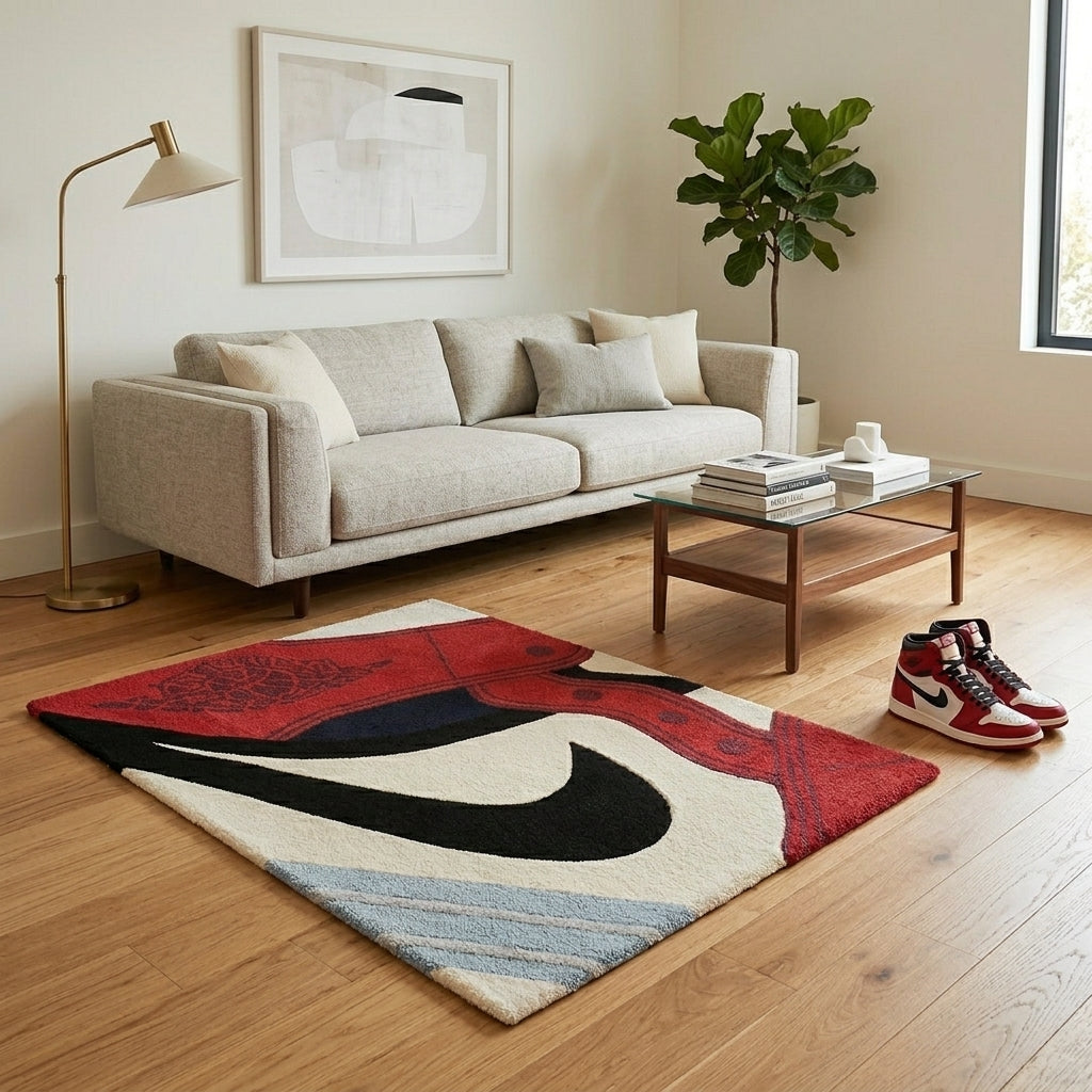 Air Jordan Chicago Sneaker Rug – Red White Nike Swoosh Tufted Rug