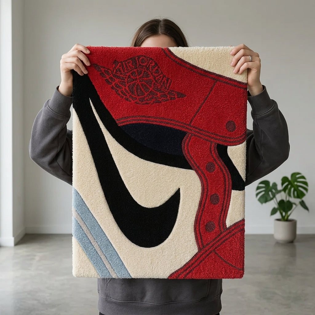 Air Jordan Chicago Sneaker Rug – Red White Nike Swoosh Tufted Rug