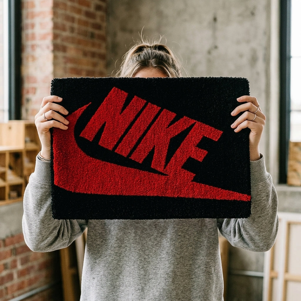Nike Inspired Classic Swoosh Rug – Red Black Streetwear Tufted Rug