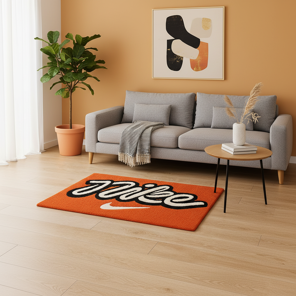 Nike Inspired Script Logo Rug – Orange Minimal Streetwear Tufted Carpet