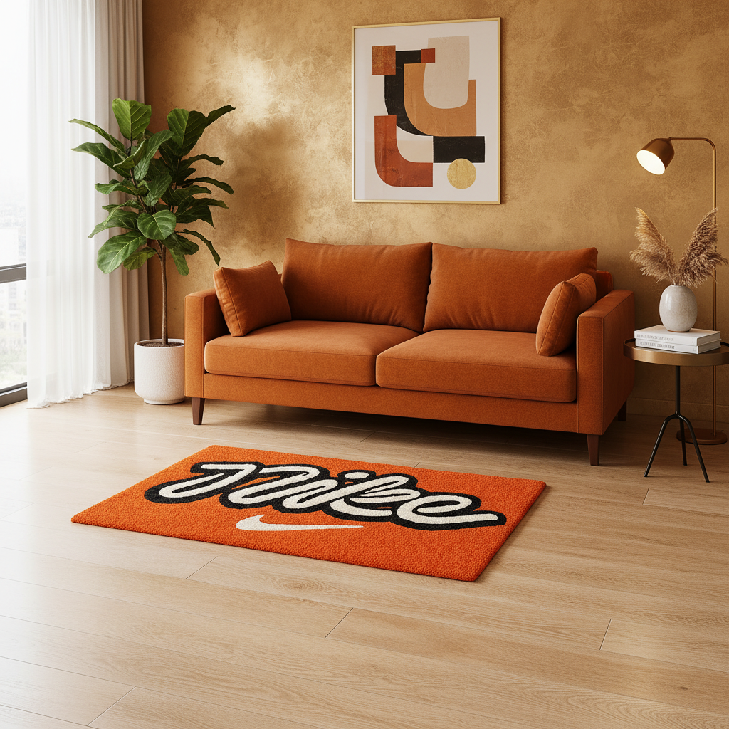 Nike Inspired Script Logo Rug – Orange Minimal Streetwear Tufted Carpet