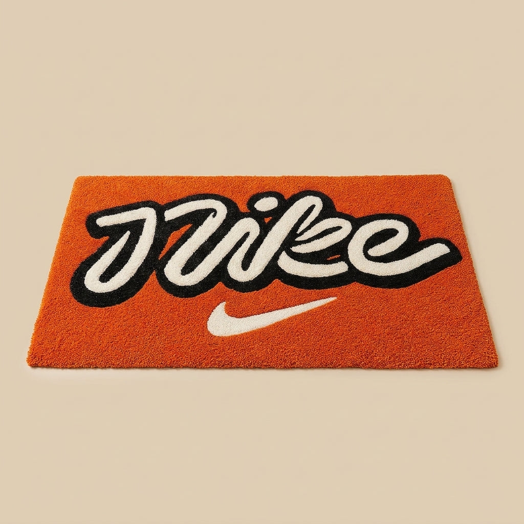 Nike Inspired Script Logo Rug – Orange Minimal Streetwear Tufted Carpet